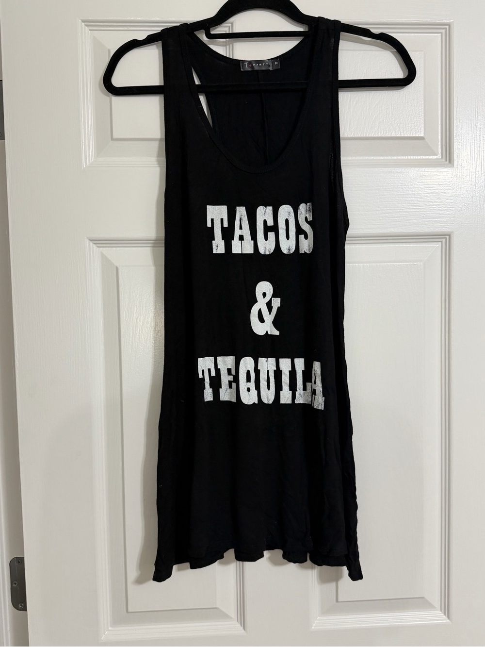 T Party Fashion Black Tank Top with White "Tacos & Tequila" Print
